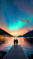 Couple silhouette standing on wooden pier under starry sky with northern lights, mountains and city lights reflecting in calm lake waters at sunset.