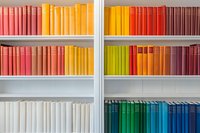 Books arranged by color on white shelves creating rainbow spectrum pattern from red through yellow to blue, organized in modern minimalist library style.