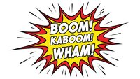 Comic book explosion burst with boom kaboom wham text in colorful starburst design isolated on transparent background for graphic design projects.