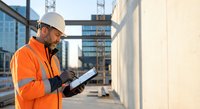 Construction worker in safety gear reviewing blueprints at building site. Professional contractor with hard hat and high-visibility jacket planning project.