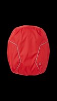 Red sporty backpack with reflective details, isolated on transparent background. Ready for product mockups, print on demand, stickers, T-shirt design, and clipart use.