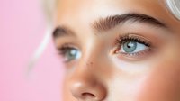 Close up view of bright blue eyes with long eyelashes, natural freckles and flawless skin against pink background, showcasing fresh spring makeup and beauty trends.