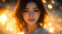 Young Asian woman with gentle smile against blurred golden bokeh lights and magical sparkles creating dreamy atmospheric portrait at sunset.