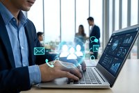Professional businessman using laptop with digital communication icons and data analytics dashboard in modern office environment for business technology solutions.