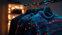 Cozy knitted sweater with glowing lights creating magical holiday atmosphere against dark background, festive winter garment with bokeh effect.