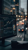 Computer monitor displaying financial trading charts and market data with upward trending graphs, set against blurred city skyline with bokeh lights for finance, investment, and stock market concepts.