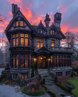 Victorian mansion with warm glowing windows at sunset, dramatic pink purple sky, gothic architecture, luxury estate home, ornate stone building exterior.