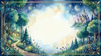 Watercolor fairytale frame with enchanted forest, magical castle, crescent moon, and stars. Copy space in center for text or design.