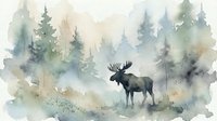 Watercolor moose silhouette standing in misty forest landscape with evergreen trees. Soft artistic painting style for nature decor and wildlife art projects.