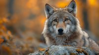 Gray wolf portrait against blurred orange autumn forest background, close up view of predator face with intense eyes and detailed fur in natural habitat.