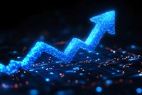 Glowing blue upward arrow showing growth trend on dark digital background with particles, representing business success, financial increase, and data analytics.