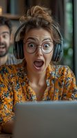 Young woman in glasses and headphones reacting with extreme surprise while looking at laptop screen, wearing yellow floral blouse. Male coworker smiling in background.