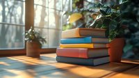 Stack of colorful hardcover books on wooden windowsill with potted plants in warm sunlight casting long shadows, cozy home library atmosphere for reading.