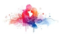Romantic couple silhouette in colorful watercolor splash with decorative swirls and hearts on white background for wedding and love designs.