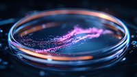 Glowing pink bacteria culture in glass petri dish with luminescent particles against dark background, scientific research laboratory macro photography.
