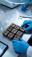 Scientist in blue gloves arranging wooden blocks with medical symbols on lab table, representing healthcare research and patient care concepts.