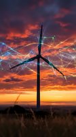 Wind turbine silhouette against dramatic sunset sky with glowing digital network lines representing renewable energy technology and sustainable power generation for clean electricity.