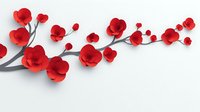 Red flowering branch with delicate blossoms and buds isolated on white background, suitable for design projects, greeting cards, and decorative applications.