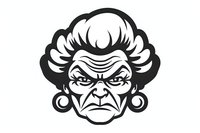 Angry elderly woman face with curly hair and earrings, black and white monochrome cartoon character isolated on white background for mascot or logo design.