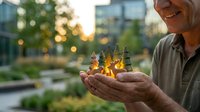 Senior man holding miniature illuminated houses in cupped hands outdoors at sunset, symbolizing real estate investment, home ownership and property dreams.