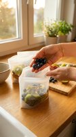Woman's hands placing fresh dark grapes into clear plastic storage container with assorted berries on wooden cutting board near sunny window with potted plant.