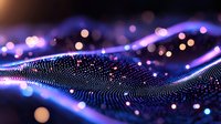 Futuristic digital wave pattern with glowing purple and blue particles flowing in dynamic motion against dark background with bokeh light effects.