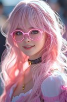 Young Asian woman with pink hair wearing round pink glasses smiles warmly in soft natural lighting. Pastel fashion style with white dress creates dreamy aesthetic mood.