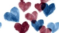 Watercolor hearts in red and blue scattered on white background, romantic pattern design for valentines cards, wedding invitations and love themes.