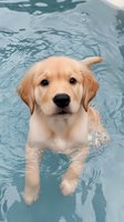 Adorable Golden Retriever puppy swimming in blue pool water, looking directly at camera with sweet expression. Close up portrait shows wet fur and rippling water.