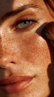 Close-up of woman with freckles and blue eyes applying makeup with brush in warm sunlight. Natural beauty concept for cosmetic advertising.