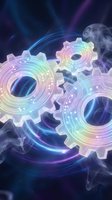 Holographic rainbow gears with circuit patterns floating in cosmic energy field with blue purple smoke effects for technology and innovation concepts.