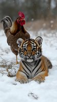 Young tiger cub lying in snow with rooster standing behind, unusual animal friendship captured in winter setting, showing unexpected companionship between farm and wild animals.