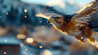 Majestic hawk in flight with spread wings against blurred bokeh background, dramatic close-up portrait showing detailed feathers and sharp beak in golden light.