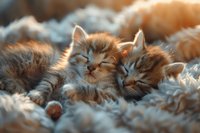 Two sleeping ginger kittens cuddling together on soft fuzzy blanket, illuminated by warm sunlight creating cozy atmosphere for pet and animal photography.