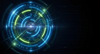 Futuristic digital HUD interface with glowing blue and green circular elements on dark background for technology and sci-fi design projects.