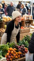 Happy young Hispanic female farmer vendor selling fresh organic vegetables at outdoor farmers market wearing beige knit hat and apron smiling at customers.