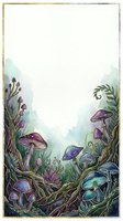 Enchanted forest floor with purple and blue mushrooms, magical plants, and mystical flora in watercolor style, isolated on white background for design projects.