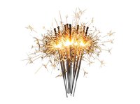 Sparkler firework with golden sparks bursting outward on white background, isolated element for celebration designs, party graphics, and festive content.