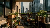 Young woman gardening on urban rooftop terrace with plants and city skyline background during golden hour sunset light creating peaceful outdoor living space.