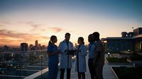 Group of diverse medical professionals in blue scrubs standing on rooftop at sunset overlooking city skyline, discussing healthcare strategy and teamwork in urban hospital setting.