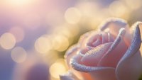 Soft pink rose with morning dew drops against dreamy bokeh background creates romantic atmosphere for wedding invitations and love-themed designs.