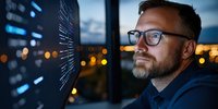 Mature Caucasian male programmer with glasses and beard analyzing code on computer screen in evening office, illuminated by blue monitor glow and city lights.