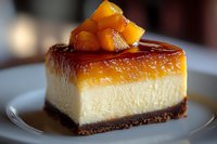 Creamy cheesecake slice topped with caramel sauce and fresh mango chunks on chocolate cookie crust, served on white plate with soft background blur.