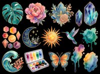 Watercolor botanical and celestial elements collection with monstera leaf, peonies, crystals, gemstones, moon, sun, hummingbird, butterfly, and paint palette. Isolated on transparent background, ready for t-shirts, stickers, clipart, and print-on-demand designs.