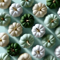 White, sage green and dark green decorative mini pumpkins arranged in pattern on mint green background. Seasonal autumn flat lay composition for holiday decor.