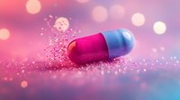 Medical capsule pill dissolving in pink and blue sparkly background with bokeh lights and glitter particles, pharmaceutical concept for healthcare and medicine.