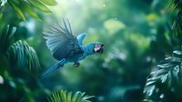 Blue and gold macaw in flight spreading wings against lush tropical foliage background with sunlight streaming through leaves creating magical forest atmosphere.