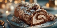 Chocolate yule log cake with cream filling and festive decorations on elegant plate with warm bokeh lights background for holiday celebrations.