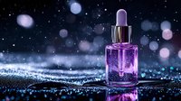 Purple glass dropper bottle with glowing liquid against dark sparkly background with bokeh lights and starry effect, cosmetic product photography.