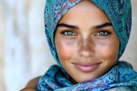 Young Middle Eastern woman wearing turquoise headscarf with ornate patterns smiling warmly at camera showing natural beauty and cultural fashion style.